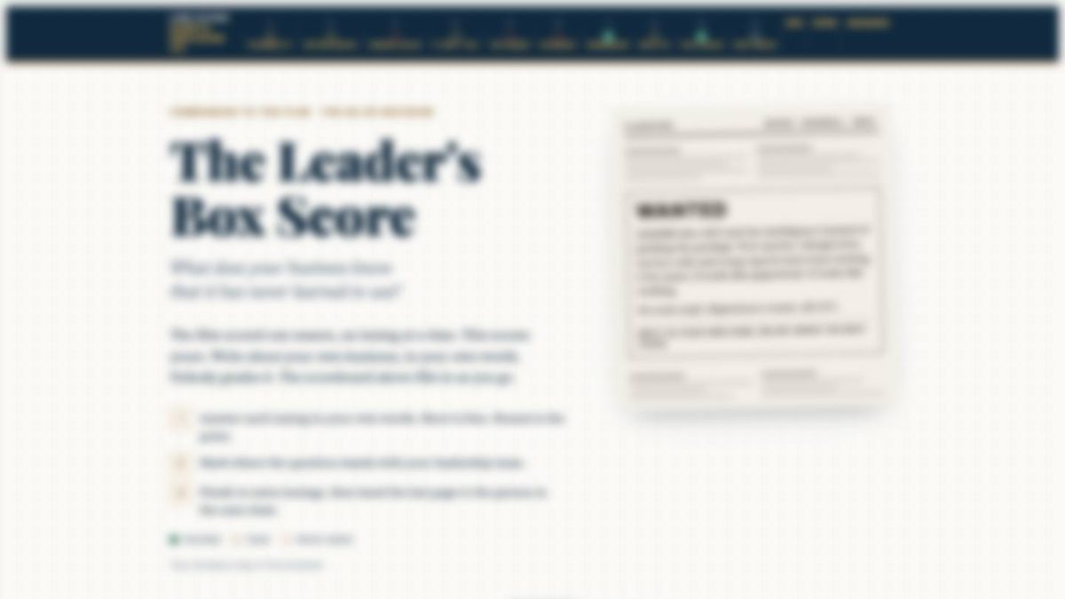 The Leader's Box Score, a blueprint scorecard with a line score across the top.