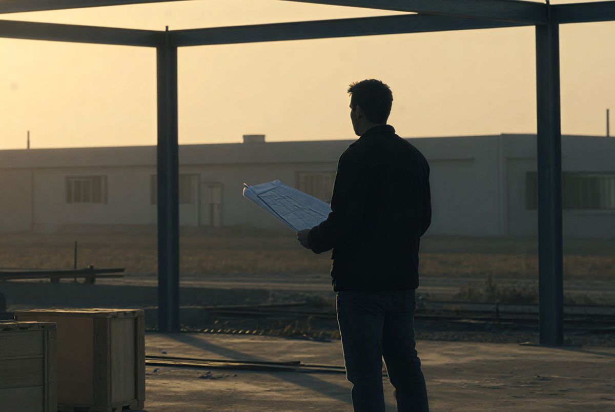 A figure studying unrolled drawings under the steel frame.