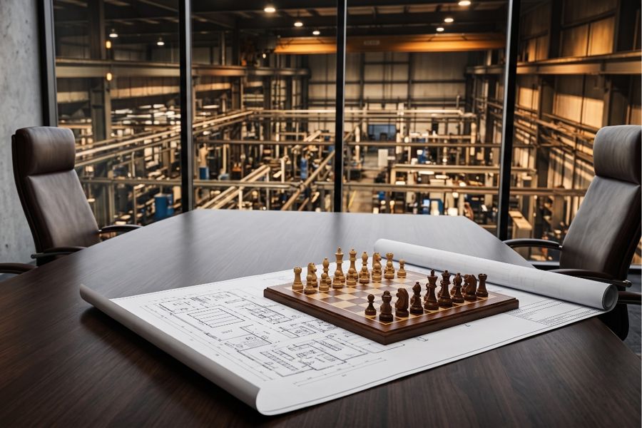 A chessboard set on unrolled architectural drawings in a boardroom overlooking a plant floor.