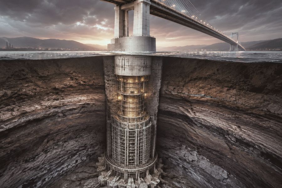 A bridge tower revealed below ground, its foundation driven deep into bedrock.
