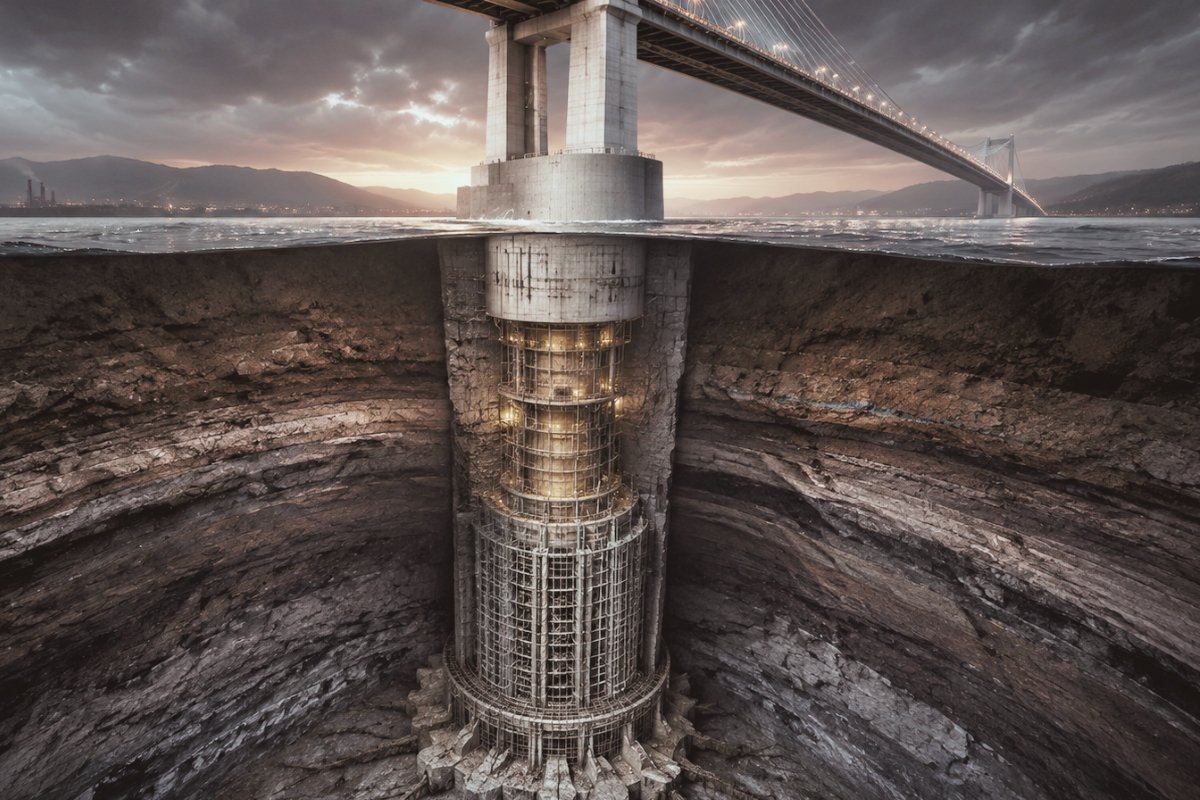 A bridge tower seen above and below the waterline, most of its structure descending into the bedrock where nobody looks.