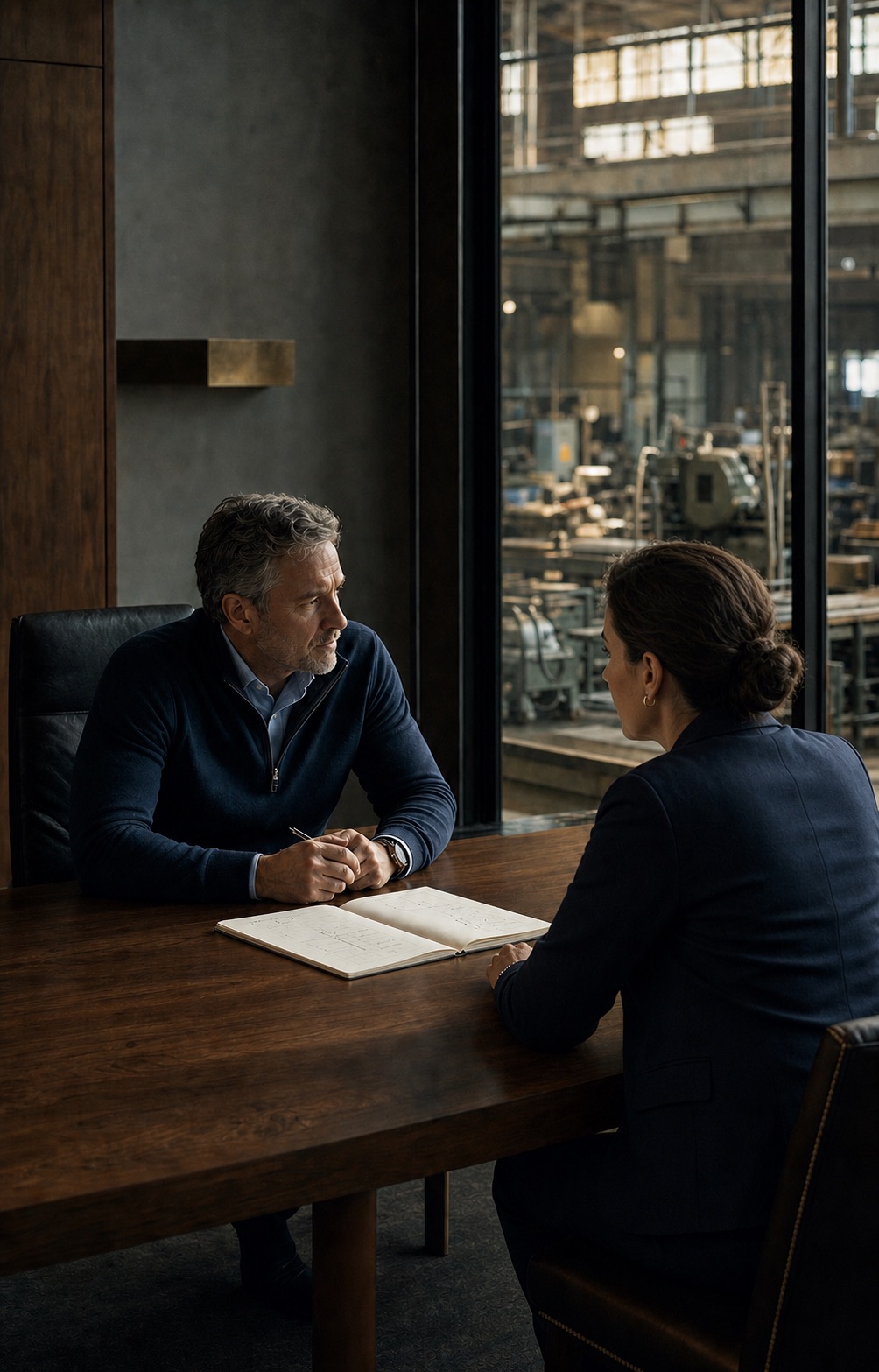 A mid-market manufacturing leader in a private working session with an advisor, the plant floor visible through the glass behind them.