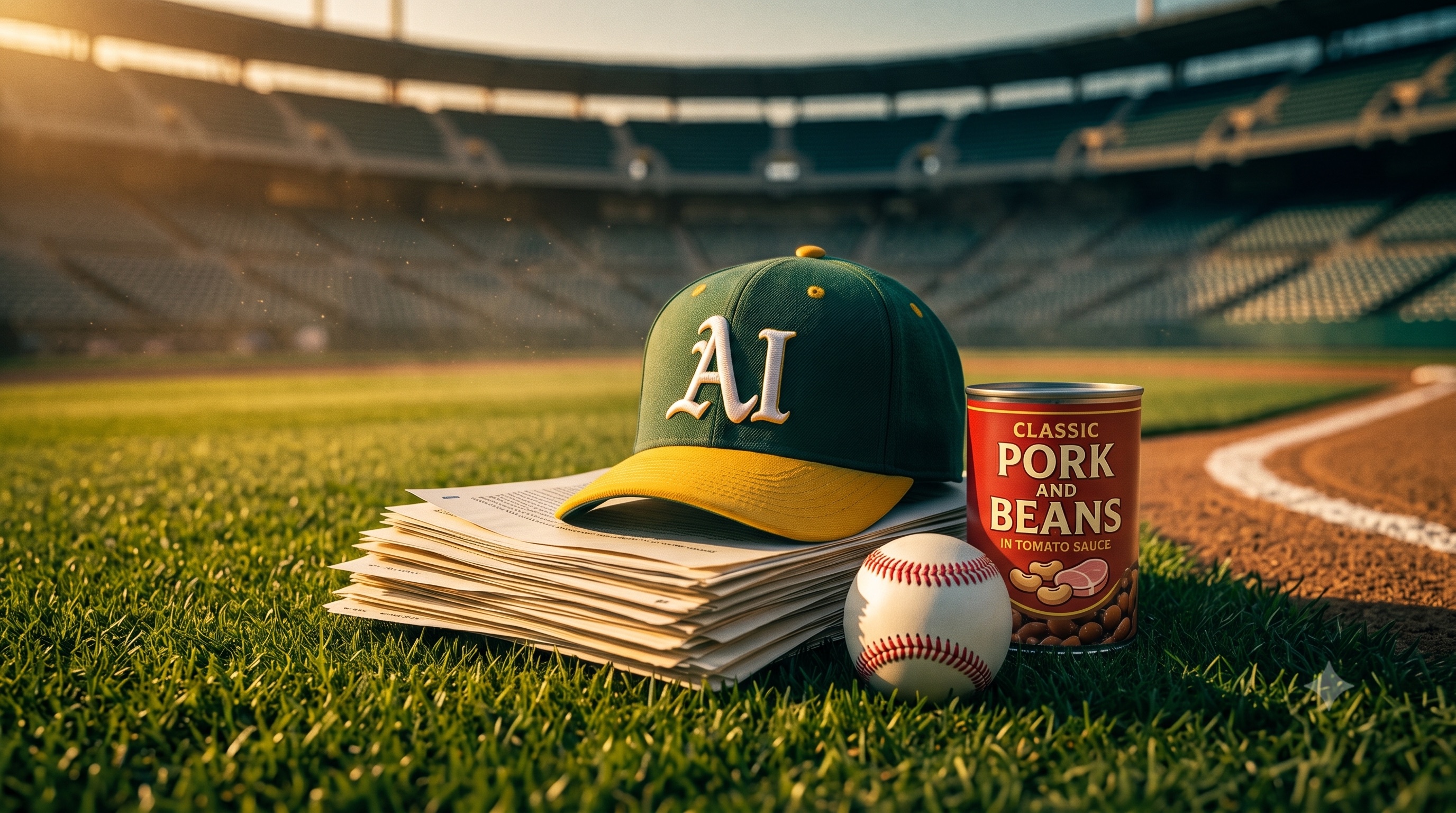 Moneyball edition header: an 'AI' baseball cap on a stack of photocopied pages beside a baseball and a can of pork and beans.
