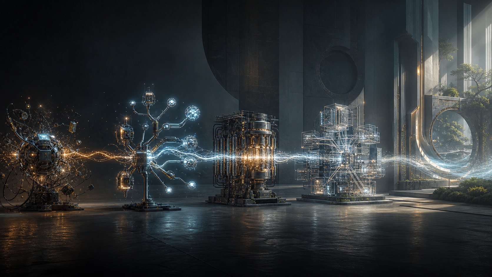 Five machine forms in a row on a dark reflective floor, progressing left to right from a scattered cluster of loose sparks and fragments into increasingly ordered, interconnected structures, the last one merging into a lit architectural archway. A single luminous thread runs through all five.