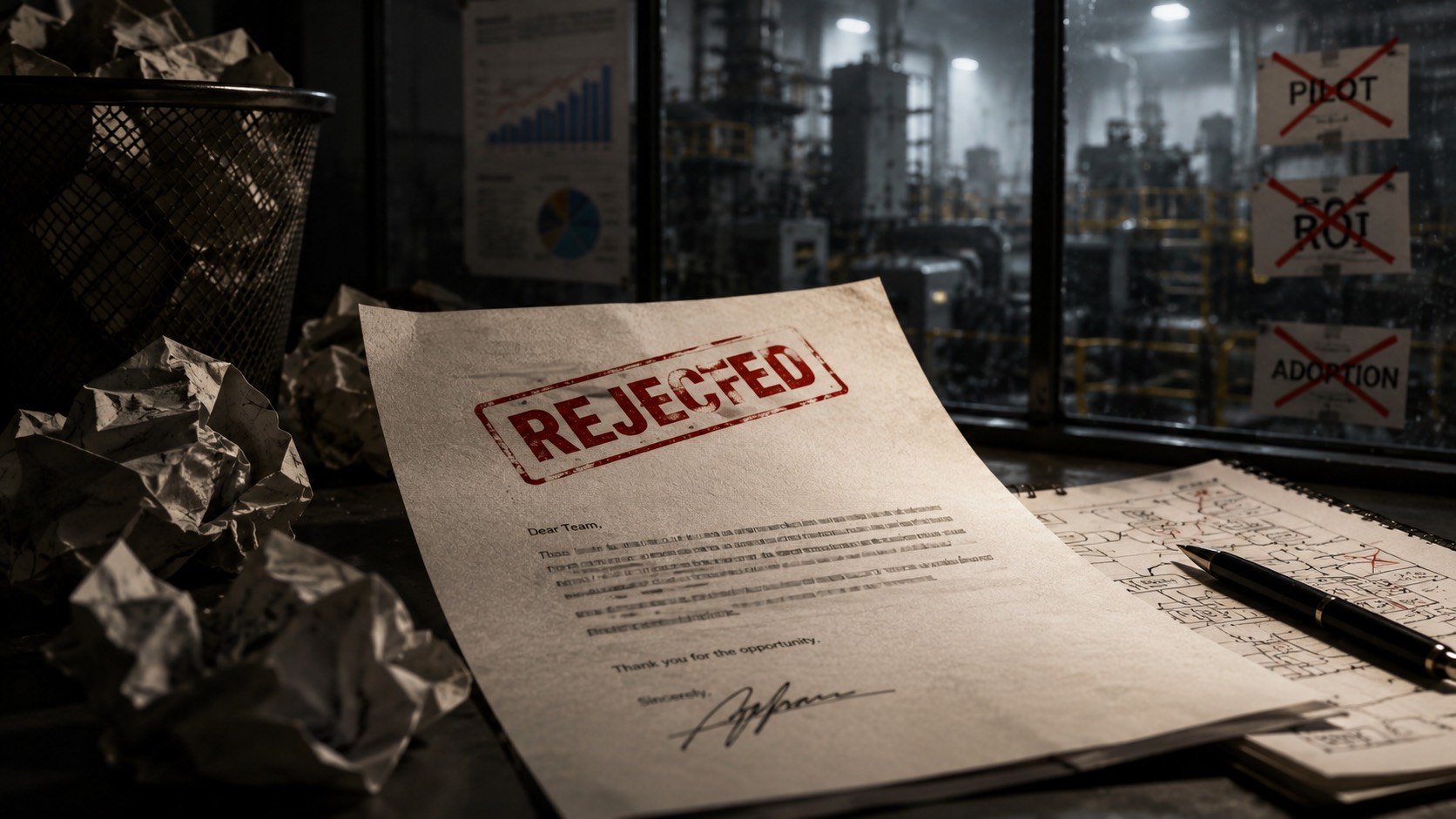 A rejection letter on a dark desk stamped REJECTED in red ink, beside crumpled discarded pages, a wastebasket, and a hand-drawn diagram. An industrial plant stands lit at night beyond the window, with crossed-out signs at its edge.