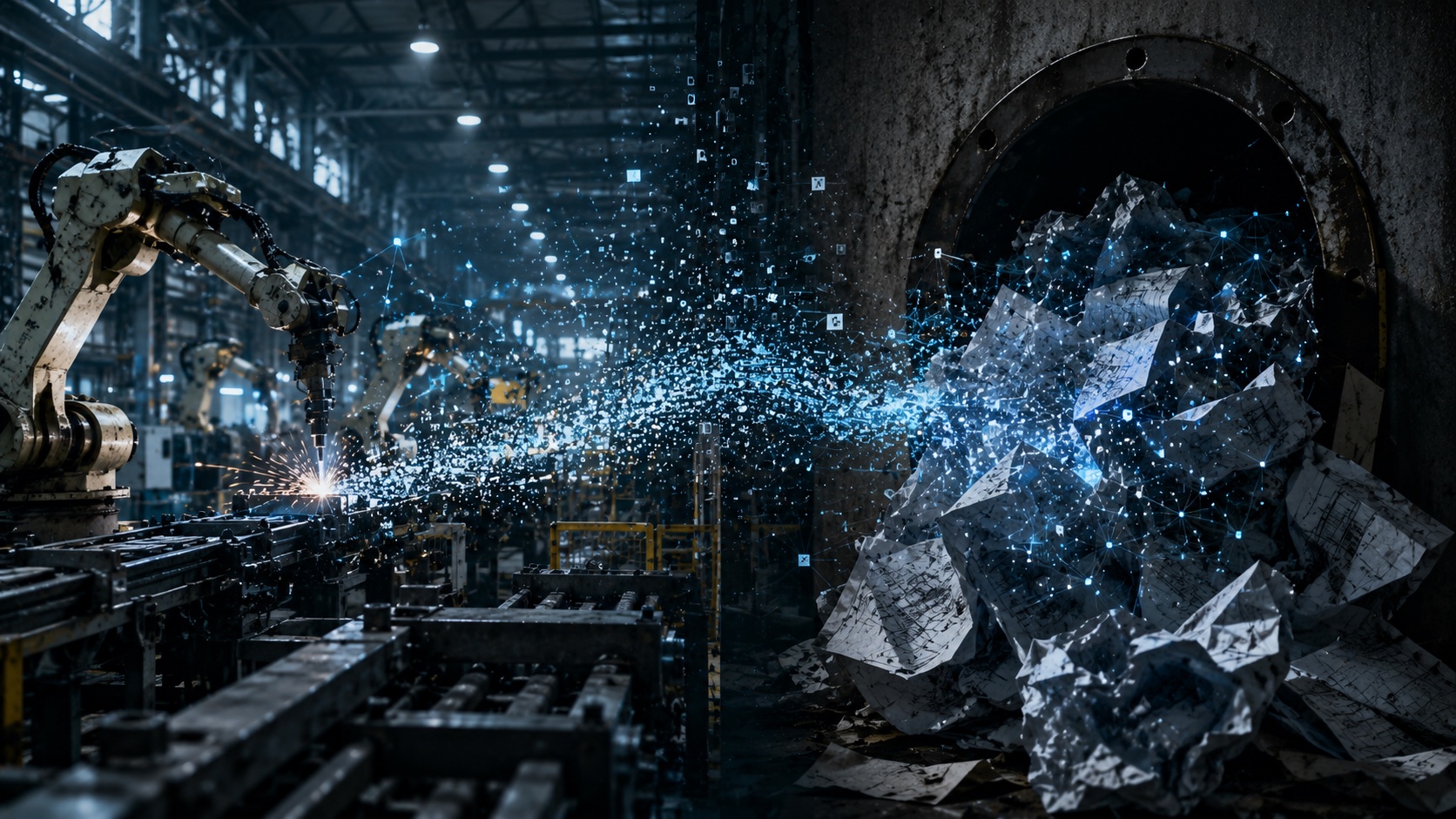 A manufacturing floor at night, machines running, data trails visible as faint light rising from each process &mdash; intelligence generated and venting, uncaptured, into the air above the operation.