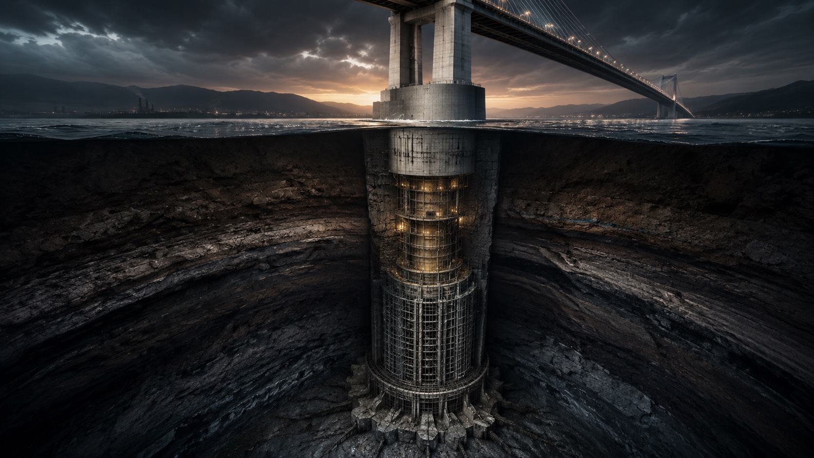 A structural concrete caisson disappearing into dark water beneath a bridge &mdash; the load-bearing foundation that makes the visible structure possible, unseen and unphantographed.