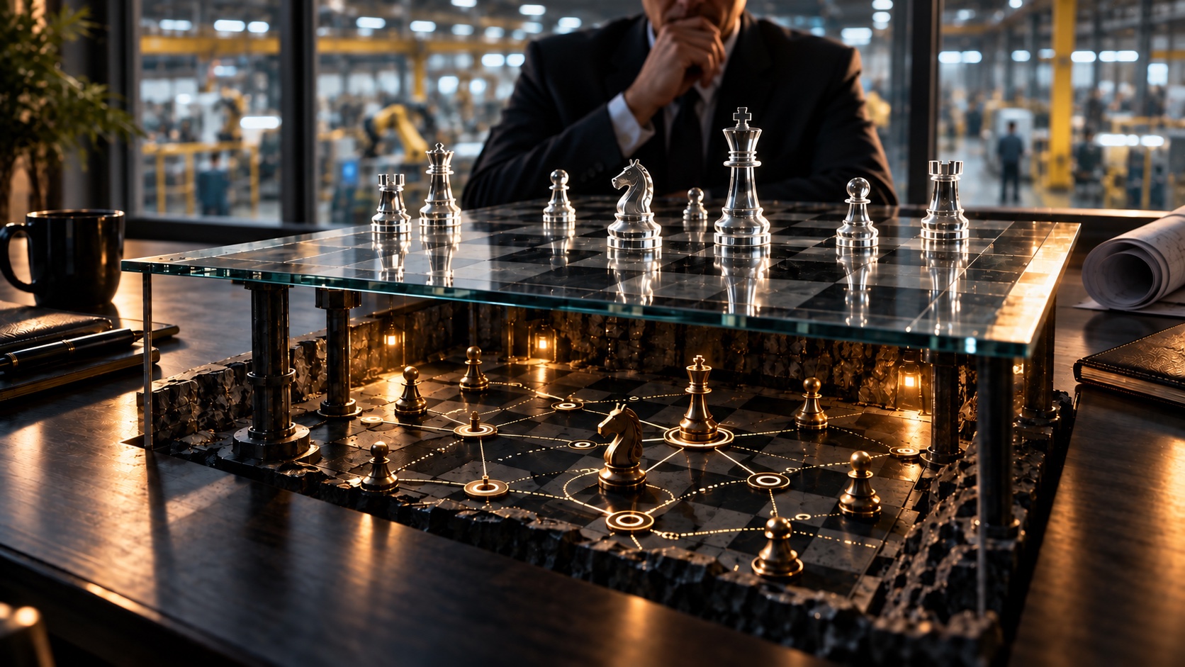 A leader studies a glass chessboard above a factory floor. Beneath the glass, a second board of pieces sits connected by lines of light, the architecture underneath every visible move.