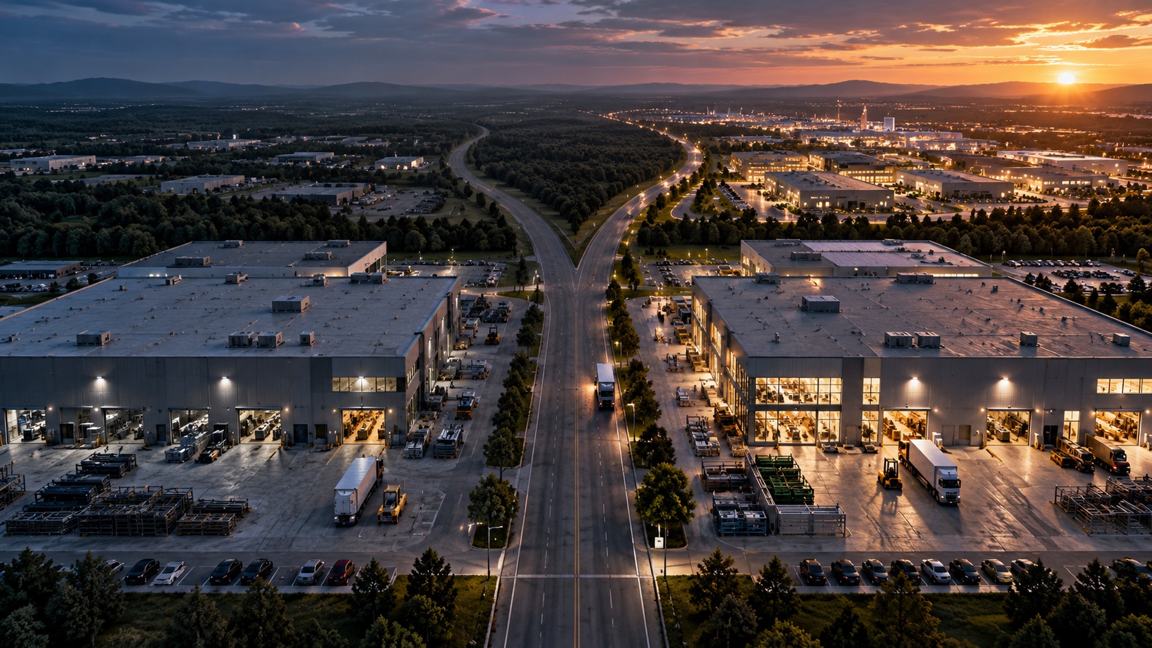 Two manufacturing plants at dusk on either side of the same road. The plant on the right glows with light and activity, and the road beyond it forks toward a lit industrial city.