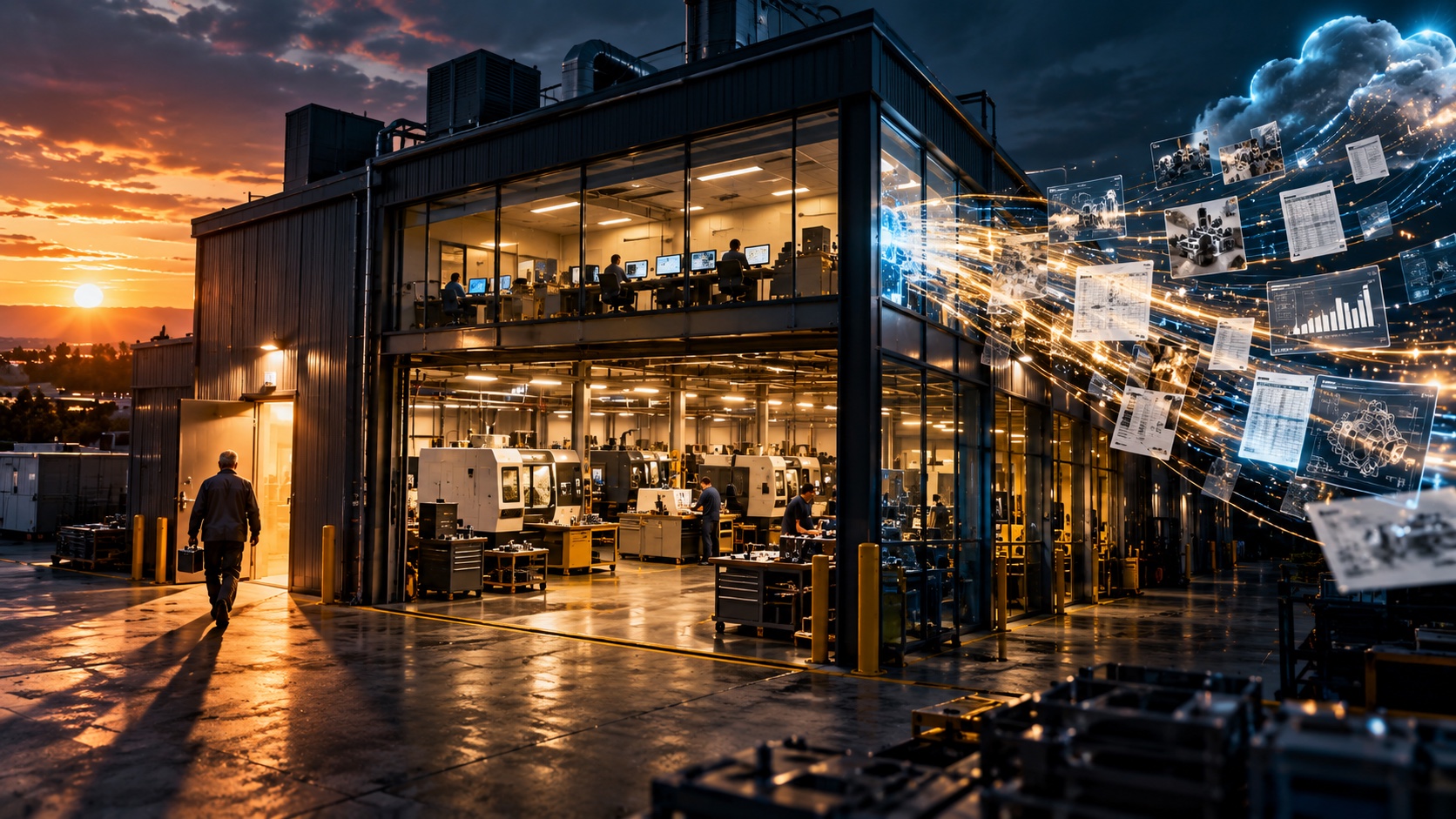 A lit machine shop at sunset. On the left, a veteran worker carrying a toolbox walks out a side door into the setting sun. On the right, streams of light carry spreadsheets, charts, and part drawings out through the glass wall and up into a glowing cloud.