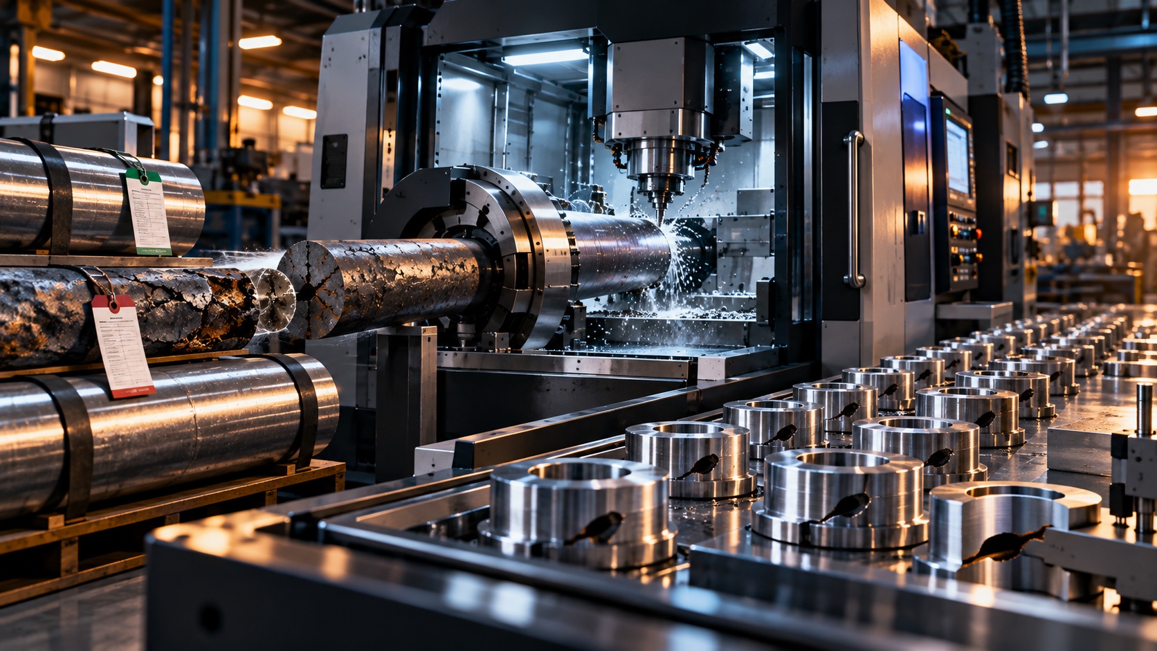 A new CNC machine on a dim shop floor is fed a corroded bar stock with a red tag, while clean bar stock with green tags waits unused on the rack. Finished parts stream out across the table, every one marked with a dark flaw.