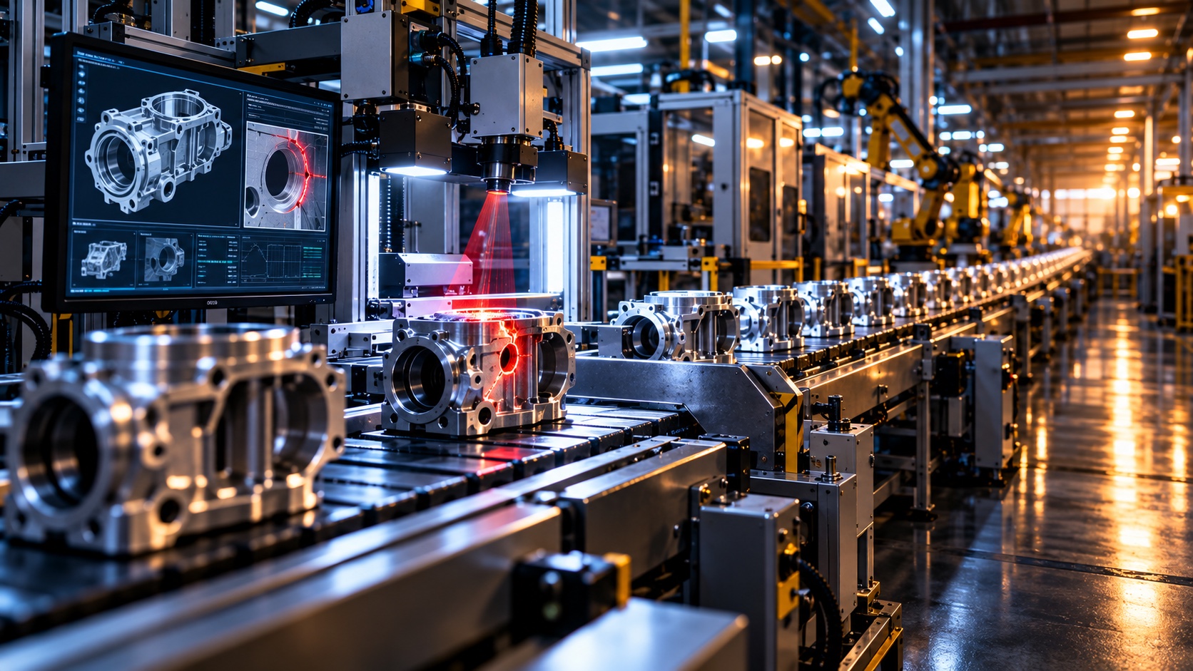 A machined aluminum housing sits under a vision inspection station on a production conveyor. Red scan lines trace a flaw on the part, and the monitor beside it shows the 3D model with the defect highlighted. A long line of identical housings runs at rate toward yellow robot arms in the distance.