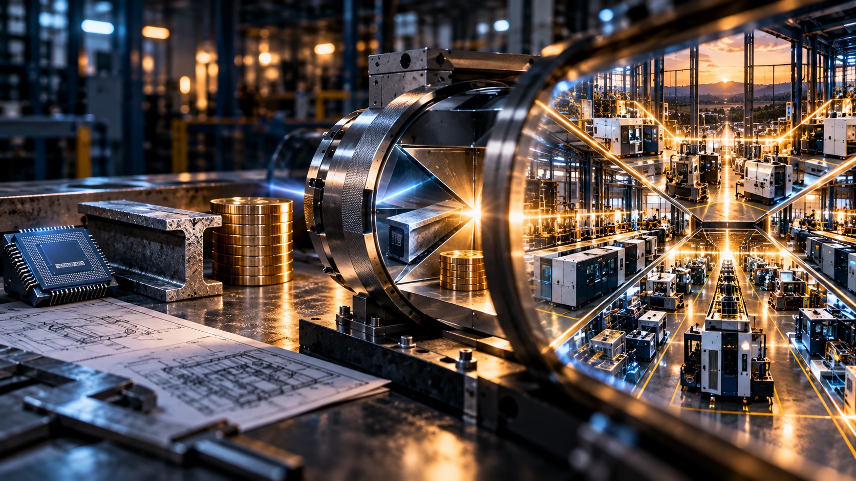 On a steel workbench beside a set of blueprints sit three pieces: an AI processor chip, a length of steel I-beam, and a stack of gold coins. Next to them, a steel tube held in a machined fixture carries mirrors set at an exact angle. Through its lens, the reflections arrange a symmetrical production floor of CNC machines stretching toward a sunrise.